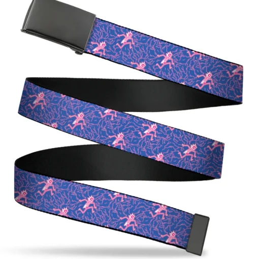 Web Belt Blank Black Buckle - Rick and Morty Rick Electric Shock Pose Blue Webbing