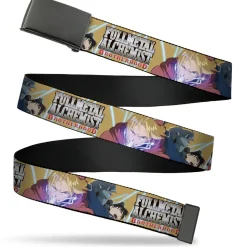 Web Belt Blank Black Buckle - Fullmetal Alchemist Brotherhood Elric Brothers and Roy Mustang Pose Yellows Webbing