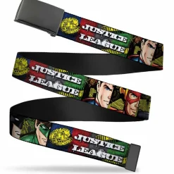 Web Belt Blank Black Buckle - JUSTICE LEAGUE Logo/4-Superhero Panels Pop Art Webbing
