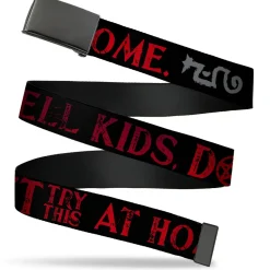 Web Belt Blank Black Buckle - Supernatural DON'T TRY THIS AT HOME Quote and Icons Black/Red/Gray Webbing