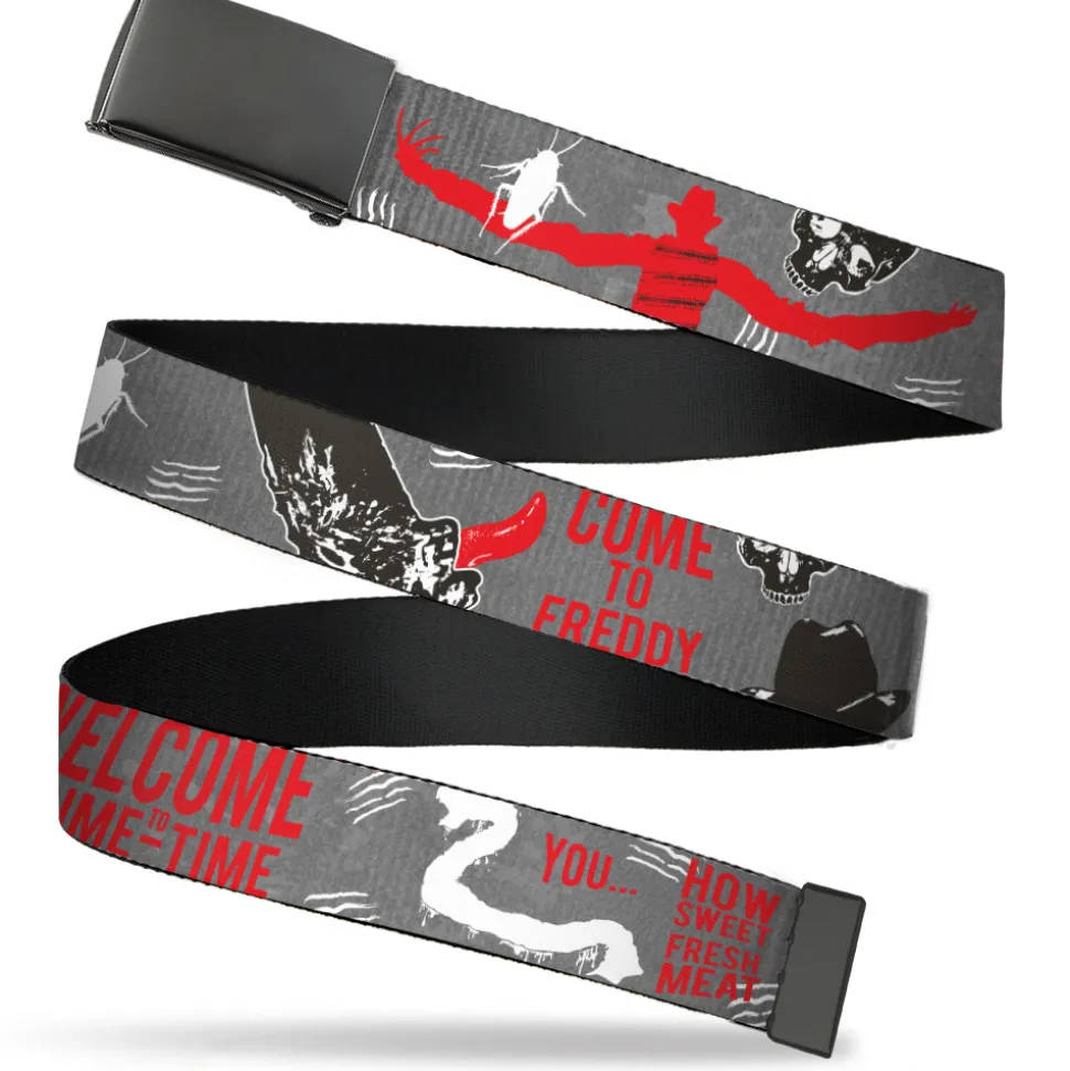 Web Belt Blank Black Buckle - A Nightmare on Elm Street Freddy Icons and Quote Collage Gray/Black/Red Webbing