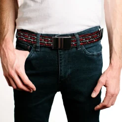 Web Belt Blank Black Buckle - Skelanimals Bonita the Unicorn Poses Stripe Black/Red/Gray Webbing