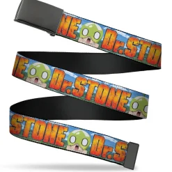 Web Belt Blank Black Buckle - DR. STONE Title Logo and Suika Surprised Pose Blues Webbing