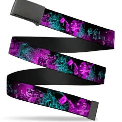Web Belt Blank Black Buckle - HARLEY QUINN Pow & Aiming Poses/Joker Sketch Black/Turquoise/Fuchsia Webbing