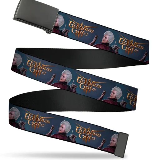 Web Belt Blank Black Buckle - BALDUR'S GATE III Title Logo and Astarion Pose Blue Webbing