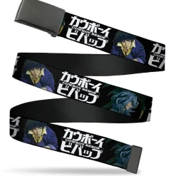 Web Belt Blank Black Buckle - COWBOY BEBOP Spike and Vicious Pose and Title Logo Black/Blues Webbing