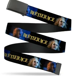 Web Belt Blank Black Buckle - BEETLEJUICE Expressions and Title Logo Black/Blues Webbing