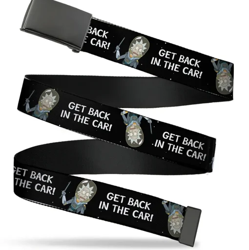 Web Belt Blank Black Buckle - Rick and Morty Rick GET BACK IN THE CAR Pose Black/White Webbing