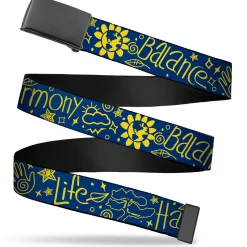 Web Belt Blank Black Buckle - HARMONY BALANCE LIFE Icons Collage Blue/Yellow Webbing