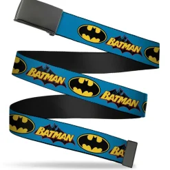 Web Belt Blank Black Buckle - Vintage Batman Logo & Bat Signal Blue Webbing