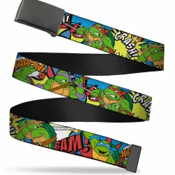 Web Belt Blank Black Buckle - Classic Teenage Mutant Ninja Turtles Action Poses/Action Bubbles Dots Blues Webbing