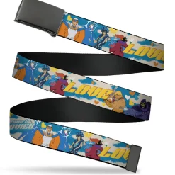 Web Belt Blank Black Buckle - Masters of the Universe LOVE IS POWER Heroes and Villains Collage Blue/White Webbing