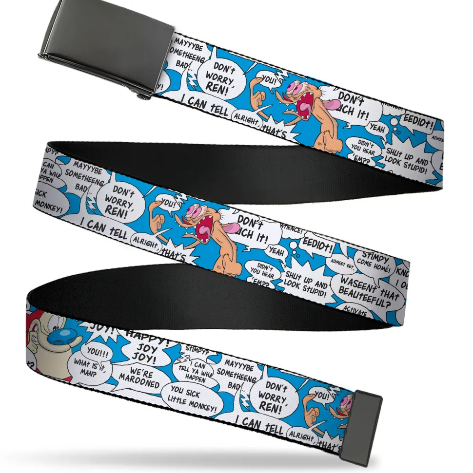 Web Belt Blank Black Buckle - Ren and Stimpy Pose and Quote Bubbles Stacked Blue Webbing