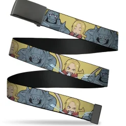 Web Belt Blank Black Buckle - Fullmetal Alchemist Brotherhood Chibi Elric Brothers Pose Yellow Webbing