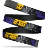 Web Belt Blank Black Buckle - HE-MAN and SKELETOR Face Off Pose and Text Black/Grays/Blue/Yellow Webbing