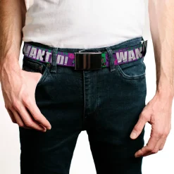 Web Belt Blank Black Buckle - THE JOKER WANTED Smiling Pose and Graffiti Purples/Greens Webbing