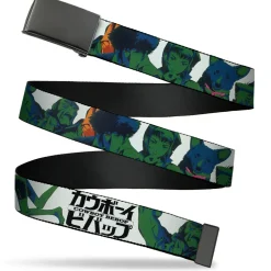 Web Belt Blank Black Buckle - COWBOY BEBOP Crew Group Pose and Title Logo White/Black/Greens Webbing