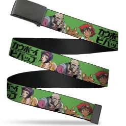 Web Belt Blank Black Buckle - COWBOY BEBOP Crew Group Pose and Title Logo Green/Black Webbing