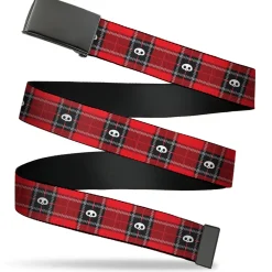 Web Belt Blank Black Buckle - Skelanimals Face Logo Plaid Red/Black/White Webbing