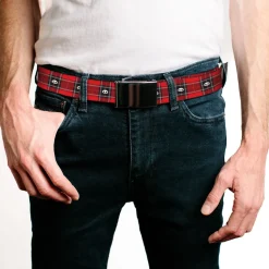 Web Belt Blank Black Buckle - Skelanimals Face Logo Plaid Red/Black/White Webbing