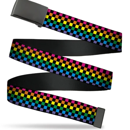 Web Belt Blank Black Buckle - Checker Black/Neon Rainbow Webbing