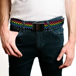 Web Belt Blank Black Buckle - Checker Black/Neon Rainbow Webbing
