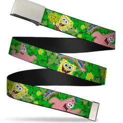 Web Belt Blank Chrome Buckle - SpongeBob & Patrick Starfish St. Patrick's Day Poses Webbing