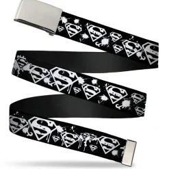 Web Belt Blank Chrome Buckle - Superman Shield Splatter Black/White Webbing