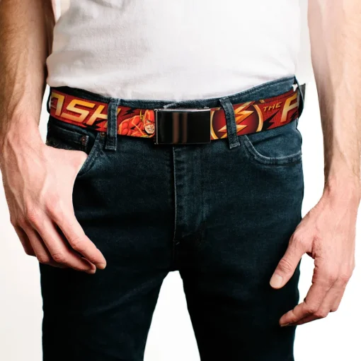 Web Belt Blank Chrome Buckle - THE FLASH/Logo3/Poses Black/Red/Gold Webbing