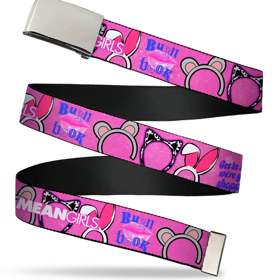 Web Belt Blank Chrome Buckle - MEAN GIRLS Quotes and Plastics Animal Ears Collage Pink Webbing