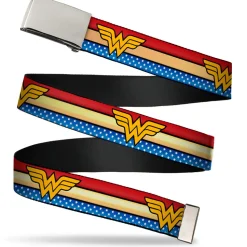 Web Belt Blank Chrome Buckle - Wonder Woman Logo Stripe/Stars Red/Gold/Blue/White Webbing