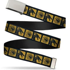 Web Belt Blank Chrome Buckle - House of the Dragon House of Targaryen Sigil and Dragon Roar Blocks Black/Yellow Webbing