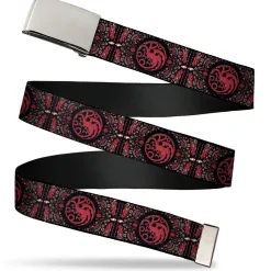 Web Belt Blank Chrome Buckle - House of the Dragon Targaryen Sigil Four-Legged Dragon Black/Red/Grays Webbing