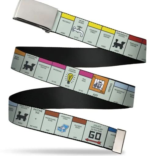 Web Belt Blank Chrome Buckle - Monopoly British UK Game Board Space Blocks Webbing