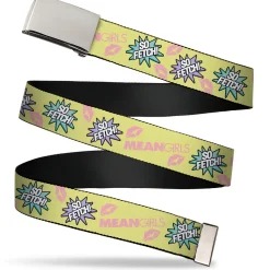 Web Belt Blank Chrome Buckle - MEAN GIRLS Title Logo SO FETCH! Quote Collage Yellow/Pink/Blue Webbing