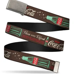 Web Belt Blank Matte Buckle - Coca-Cola PAUSE AND REFRESH Typography and Bottle Brown/Red/White Webbing