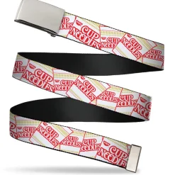Web Belt Blank Matte Buckle - Cup Noodles Cups Stacked Collage White/Gold/Red Webbing