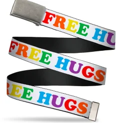 Web Belt Blank Matte Buckle - FREE HUGS White/Multi Color Webbing