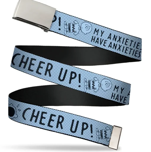 Web Belt Clamp Buckle - CHARLIE BROWN Poses and Quotes Baby Blue/Black Webbing