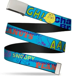 Web Belt Clamp Buckle - PEANUTS Charlie Brown Snoopy and Woodstock Typography Collage Blue/Multi Color Webbing
