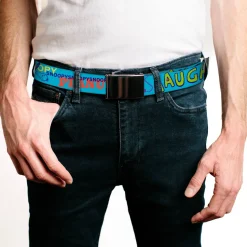 Web Belt Clamp Buckle - PEANUTS Charlie Brown Snoopy and Woodstock Typography Collage Blue/Multi Color Webbing