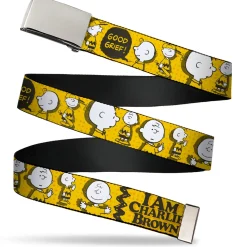 Web Belt Clamp Buckle - Peanuts I AM CHARLIE BROWN Poses and Zig Zag Stripe Yellows/Black Webbing