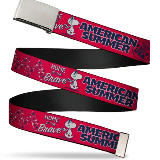 Web Belt Clamp Buckle - Peanuts Gang AMERICAN SUMMER Poses Red/Blue/White Webbing