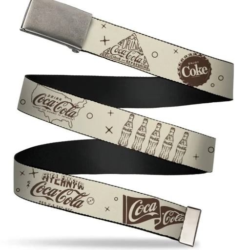 Web Belt Clamp Buckle - Vintage Coca-Cola Coke Icons and Ad Logos White/Brown Webbing