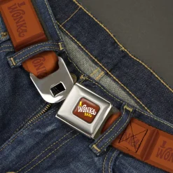 Willy Wonka and the Chocolate Factory WONKA BAR Logo Full Color Brown/Yellow/White Seatbelt Belt - Willy Wonka and the Chocolate Factory WONKA Chocolate Bar Browns Webbing
