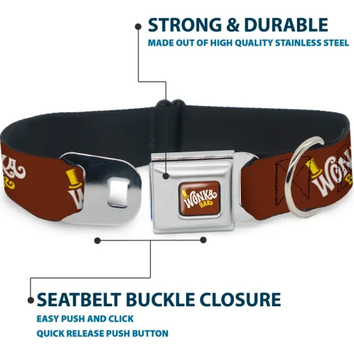 Willy Wonka and the Chocolate Factory WONKA BAR Logo Full Color Brown/Yellow/White Seatbelt Buckle Collar - Willy Wonka and the Chocolate Factory WONKA BAR Logo Brown/Yellow/White