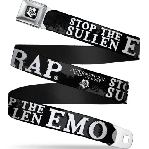 Winchester Logo Full Color Black White Seatbelt Belt - SUPERNATURAL STOP THE SULLEN EMO CRAP Black/Gray/White Webbing