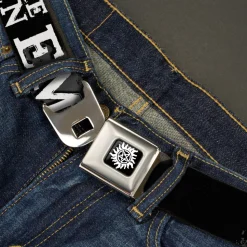Winchester Logo Full Color Black White Seatbelt Belt - SUPERNATURAL STOP THE SULLEN EMO CRAP Black/Gray/White Webbing