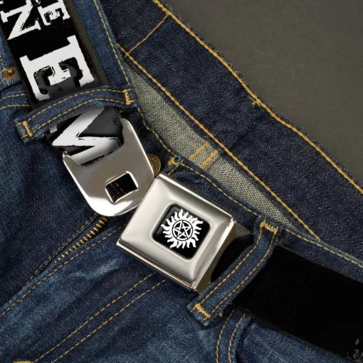Winchester Logo Full Color Black White Seatbelt Belt - SUPERNATURAL STOP THE SULLEN EMO CRAP Black/Gray/White Webbing