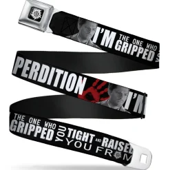 Winchester Logo Full Color Black White Seatbelt Belt - Castiel/Hand Print RAISED FROM PERDITION Black/Red/Grays/White Webbing